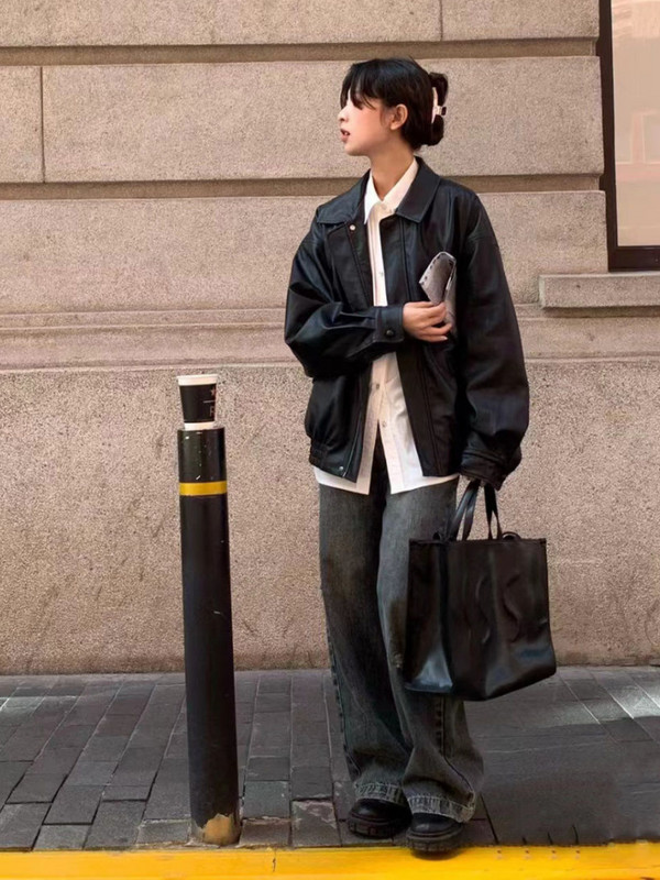 Jachetă vintage din PU pentru femei, haină de stradă, pardesiu supradimensionat, stil american, ocazional, jachetă din piele artificială, ocazională.