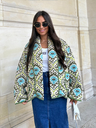 Jachetă de iarnă imprimată pentru femei, vopsea, mozaic, cu panouri, eșarfă largi guler, haină de bumbac pentru femei, 2023, la modă, de buzunar, îmbrăcăminte caldă pentru damă