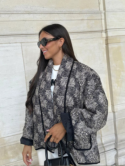 Jachetă de iarnă imprimată pentru femei, vopsea, mozaic, cu panouri, eșarfă largi guler, haină de bumbac pentru femei, 2023, la modă, de buzunar, îmbrăcăminte caldă pentru damă