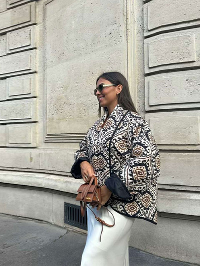 Jachetă de iarnă imprimată pentru femei, vopsea, mozaic, cu panouri, eșarfă largi guler, haină de bumbac pentru femei, 2023, la modă, de buzunar, îmbrăcăminte caldă pentru damă