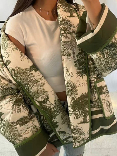 Jachetă de iarnă imprimată pentru femei, vopsea, mozaic, cu panouri, eșarfă largi guler, haină de bumbac pentru femei, 2023, la modă, de buzunar, îmbrăcăminte caldă pentru damă