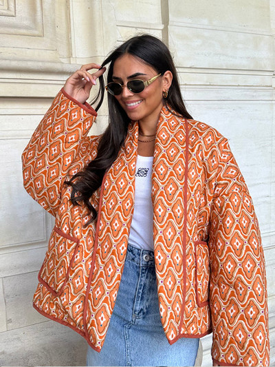 Jachetă de iarnă imprimată pentru femei, vopsea, mozaic, cu panouri, eșarfă largi guler, haină de bumbac pentru femei, 2023, la modă, de buzunar, îmbrăcăminte caldă pentru damă