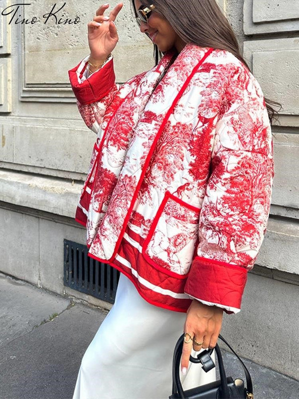 Jachetă de iarnă imprimată pentru femei, vopsea, mozaic, cu panouri, eșarfă largi guler, haină de bumbac pentru femei, 2023, la modă, de buzunar, îmbrăcăminte caldă pentru damă