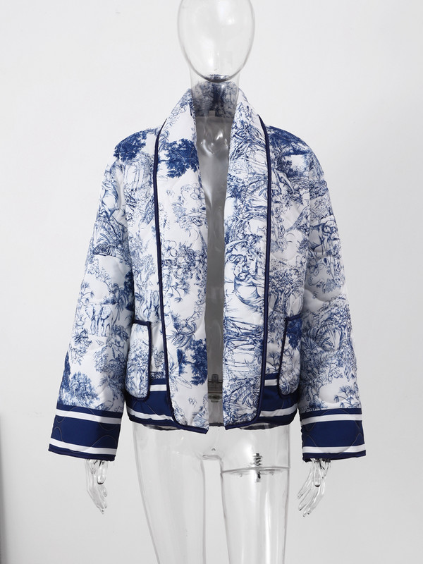 Jachetă de iarnă imprimată pentru femei, vopsea, mozaic, cu panouri, eșarfă largi guler, haină de bumbac pentru femei, 2023, la modă, de buzunar, îmbrăcăminte caldă pentru damă