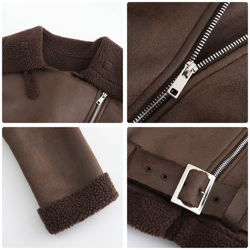 Ikdienas zamšādas jēra jaka sieviešu garām piedurknēm atloks rāvējslēdzēji Motociklistu mēteļi ar jostu Slim Fit flīsa bomber ādas jakas