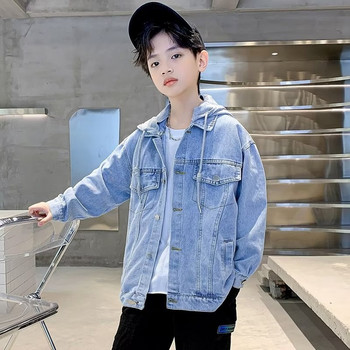 Дънкови якета за корейски деца, момчета, памучни тийнейджърски дънки с качулка, яке с качулка, щампи на букви, пролетни дрехи 4, 6, 8, 12, 16 години