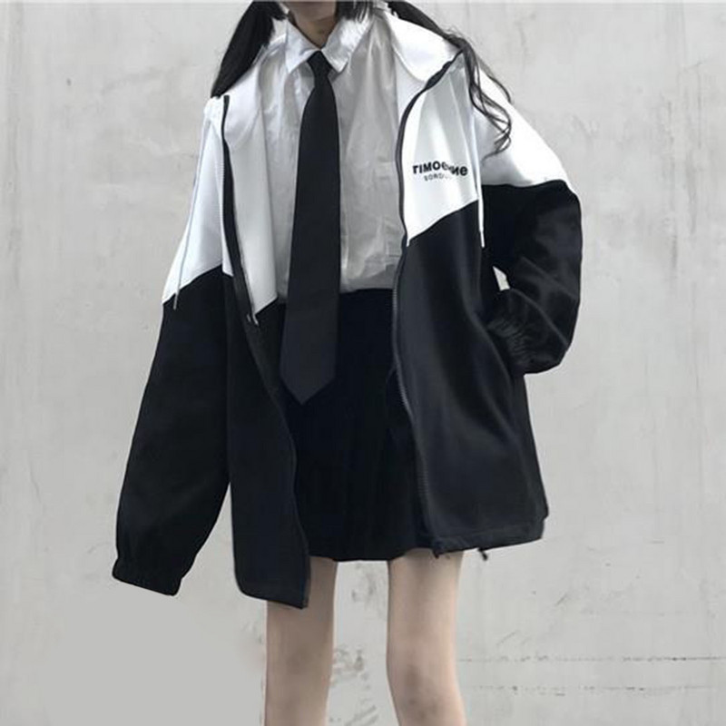 Jachetă casual Harajuku, negru, alb, mozaic, imprimeu cu litere, moda coreeană, tendință Y2K, cu fermoar, cu glugă, toate se potrivesc pentru fete.