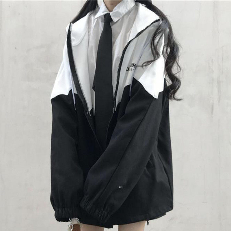 Jachetă casual Harajuku, negru, alb, mozaic, imprimeu cu litere, moda coreeană, tendință Y2K, cu fermoar, cu glugă, toate se potrivesc pentru fete.