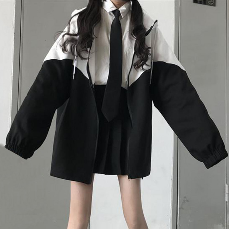 Jachetă casual Harajuku, negru, alb, mozaic, imprimeu cu litere, moda coreeană, tendință Y2K, cu fermoar, cu glugă, toate se potrivesc pentru fete.