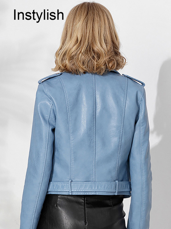 Sieviešu rudens ziemas mākslīgās ādas jaka ar rāvējslēdzēju Eleganta PU ādas atloks Crop Coat Vintage motociklistu virsdrēbes ar jostu