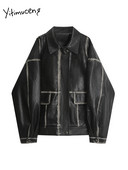 Jachetă din piele artificială cu buzunare Yitimuceng pentru femei, toamnă iarnă 2023, vintage, nouă, haină supradimensionată din PU, îmbrăcăminte exterioară cu guler răsturnat