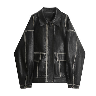 Jachetă din piele artificială cu buzunare Yitimuceng pentru femei, toamnă iarnă 2023, vintage, nouă, haină supradimensionată din PU, îmbrăcăminte exterioară cu guler răsturnat