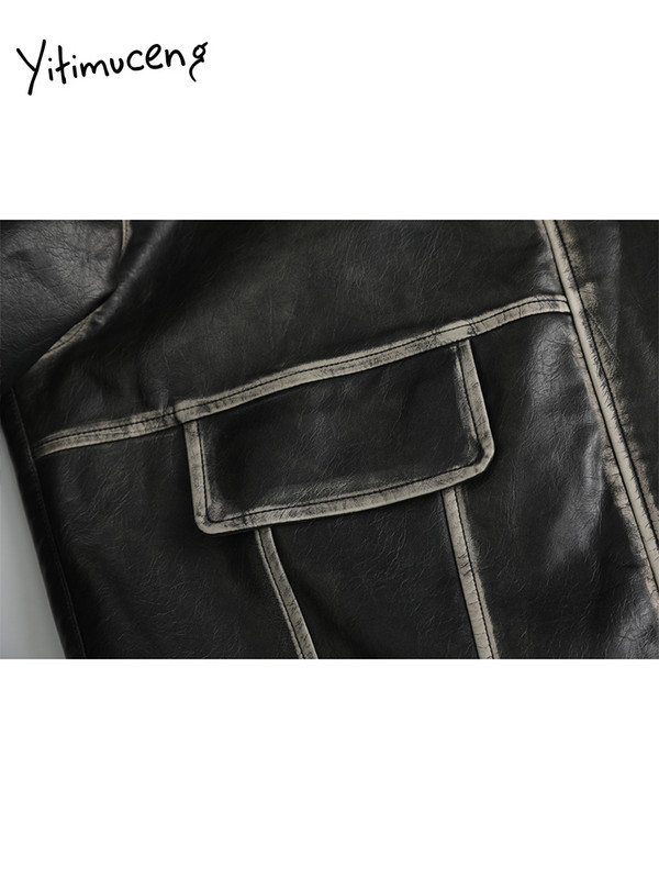 Jachetă din piele artificială cu buzunare Yitimuceng pentru femei, toamnă iarnă 2023, vintage, nouă, haină supradimensionată din PU, îmbrăcăminte exterioară cu guler răsturnat