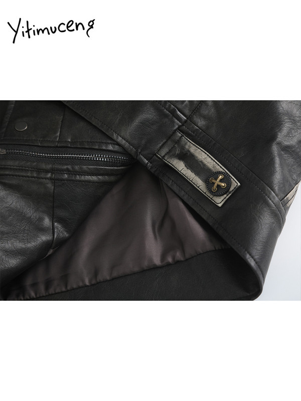 Jachetă din piele artificială cu buzunare Yitimuceng pentru femei, toamnă iarnă 2023, vintage, nouă, haină supradimensionată din PU, îmbrăcăminte exterioară cu guler răsturnat