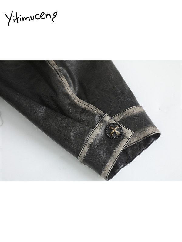 Jachetă din piele artificială cu buzunare Yitimuceng pentru femei, toamnă iarnă 2023, vintage, nouă, haină supradimensionată din PU, îmbrăcăminte exterioară cu guler răsturnat