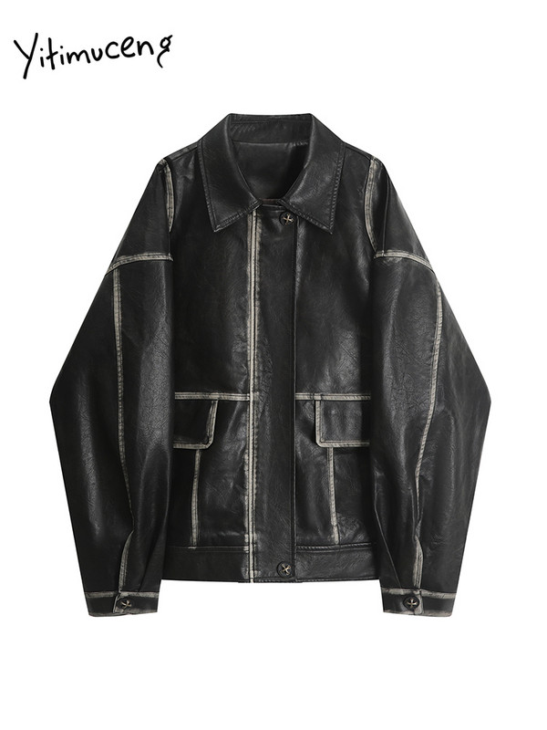 Jachetă din piele artificială cu buzunare Yitimuceng pentru femei, toamnă iarnă 2023, vintage, nouă, haină supradimensionată din PU, îmbrăcăminte exterioară cu guler răsturnat