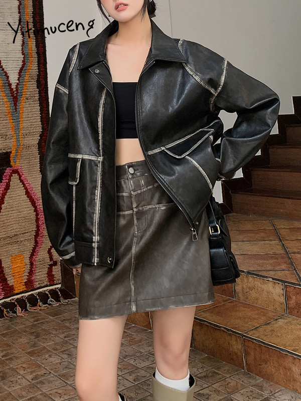 Jachetă din piele artificială cu buzunare Yitimuceng pentru femei, toamnă iarnă 2023, vintage, nouă, haină supradimensionată din PU, îmbrăcăminte exterioară cu guler răsturnat