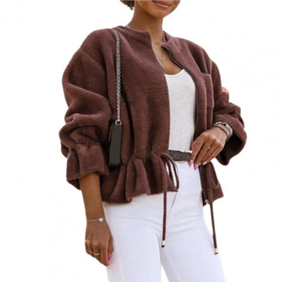Dvostrana plišana kratka jakna Chic Ženska jakna Kaput Jesen Zima Uzice s volanima Rub s patentnim zatvaračem Kratka jakna Gornja odjeća