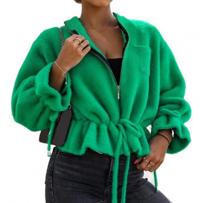 Dvostrana plišana kratka jakna Chic Ženska jakna Kaput Jesen Zima Uzice s volanima Rub s patentnim zatvaračem Kratka jakna Gornja odjeća