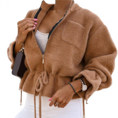 Dvostrana plišana kratka jakna Chic Ženska jakna Kaput Jesen Zima Uzice s volanima Rub s patentnim zatvaračem Kratka jakna Gornja odjeća