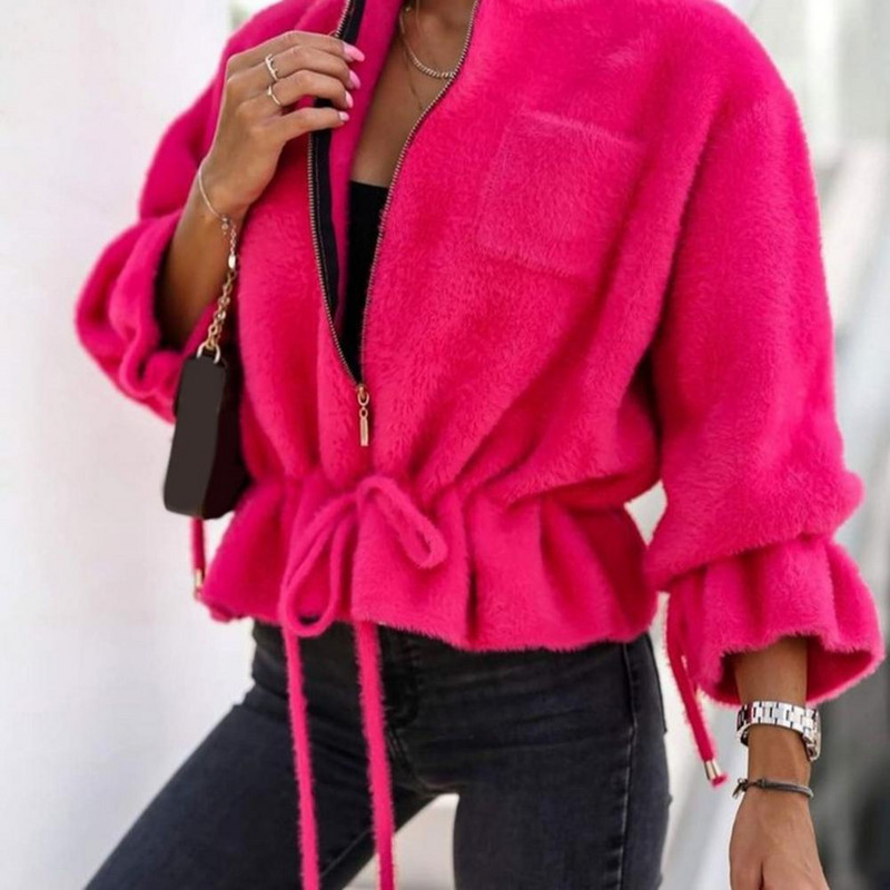 Dvostrana plišana kratka jakna Chic Ženska jakna Kaput Jesen Zima Uzice s volanima Rub s patentnim zatvaračem Kratka jakna Gornja odjeća