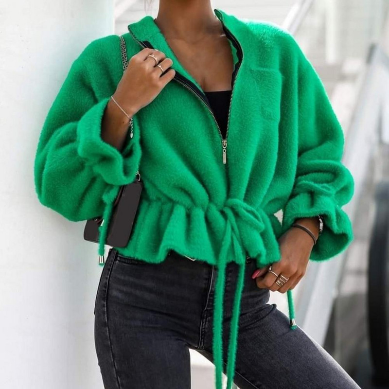 Dvostrana plišana kratka jakna Chic Ženska jakna Kaput Jesen Zima Uzice s volanima Rub s patentnim zatvaračem Kratka jakna Gornja odjeća