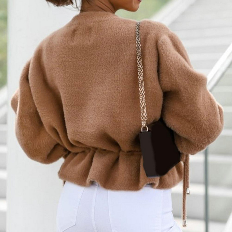 Dvostrana plišana kratka jakna Chic Ženska jakna Kaput Jesen Zima Uzice s volanima Rub s patentnim zatvaračem Kratka jakna Gornja odjeća