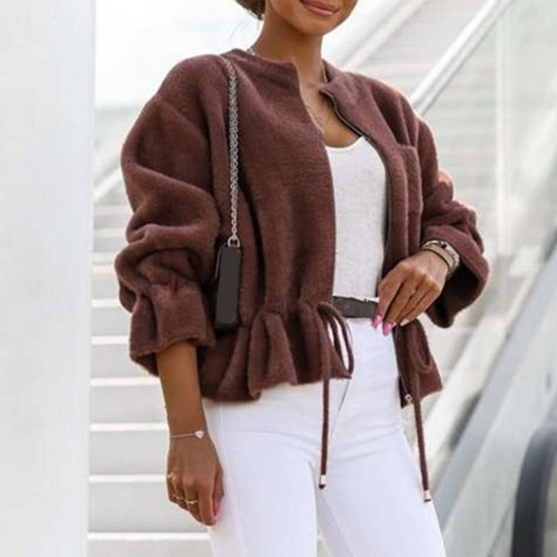 Dvostrana plišana kratka jakna Chic Ženska jakna Kaput Jesen Zima Uzice s volanima Rub s patentnim zatvaračem Kratka jakna Gornja odjeća