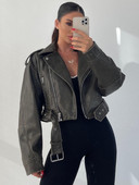 ZBZA Jachetă scurtă din piele artificială PU largi de toamnă pentru femei, cu curea, îmbrăcăminte de stradă pentru femei, cu fermoar, haină retro moto motociclist, îmbrăcăminte, topuri