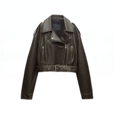 ZBZA Jachetă scurtă din piele artificială PU largi de toamnă pentru femei, cu curea, îmbrăcăminte de stradă pentru femei, cu fermoar, haină retro moto motociclist, îmbrăcăminte, topuri