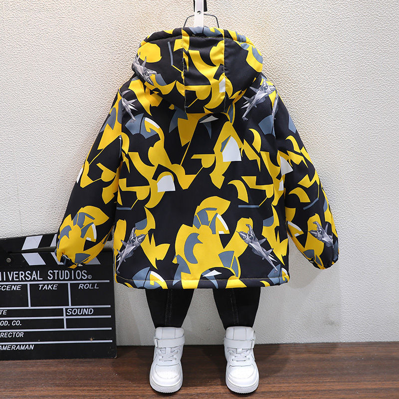 2023 Toamnă Iarnă Cool Băieți Jachetă Bumbac Cu Glugă Fermoar Culoare Contrast Pluș Îngroșat Cald La modă 5-13 ani