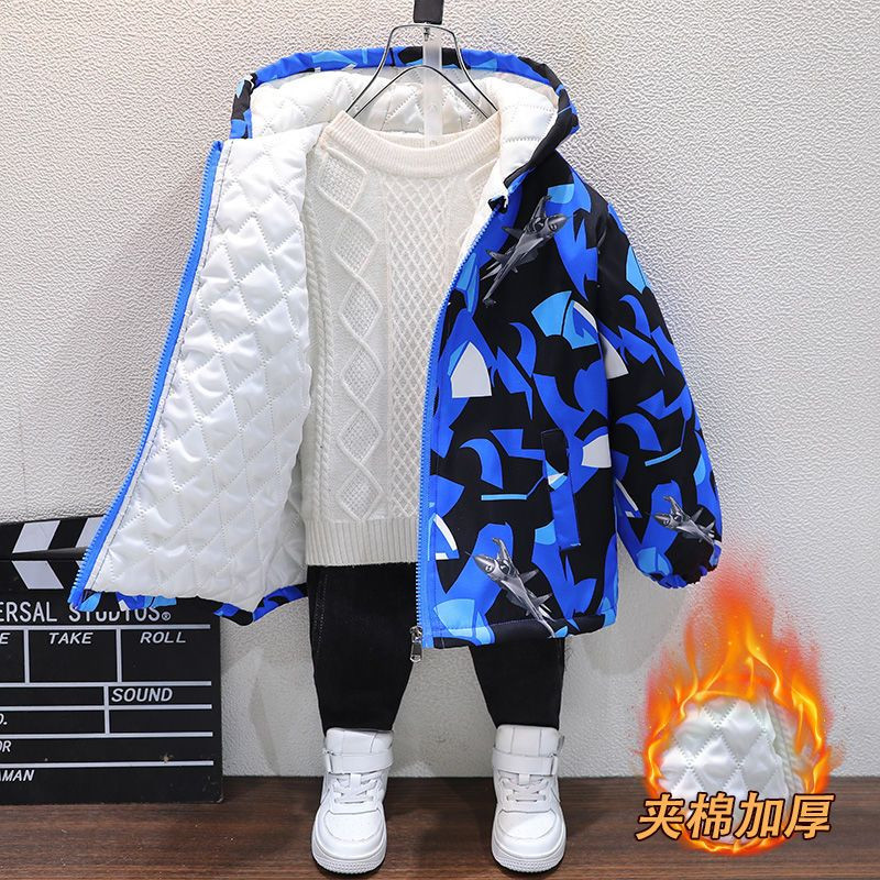 2023 Toamnă Iarnă Cool Băieți Jachetă Bumbac Cu Glugă Fermoar Culoare Contrast Pluș Îngroșat Cald La modă 5-13 ani