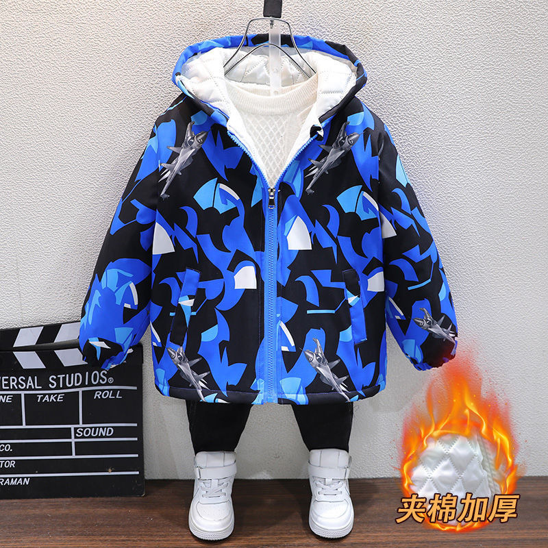 2023 Toamnă Iarnă Cool Băieți Jachetă Bumbac Cu Glugă Fermoar Culoare Contrast Pluș Îngroșat Cald La modă 5-13 ani