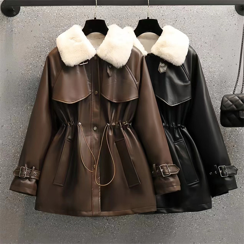 Kožni kaputi s krznenim ovratnikom za žene, kaput s podesivim strukom, ženska odjeća, duga jakna od janjećeg krzna, novo, jesen zima