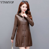 Jachetă lungă de piele pentru femei 2023, nou toamnă și toamnă, haină de piele neagră, cu glugă, largi M-5XL, îmbrăcăminte de modă, piele de căprioară YTNMYOP