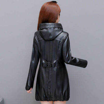 Jachetă lungă de piele pentru femei 2023, nou toamnă și toamnă, haină de piele neagră, cu glugă, largi M-5XL, îmbrăcăminte de modă, piele de căprioară YTNMYOP