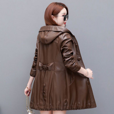 Jachetă lungă de piele pentru femei 2023, nou toamnă și toamnă, haină de piele neagră, cu glugă, largi M-5XL, îmbrăcăminte de modă, piele de căprioară YTNMYOP