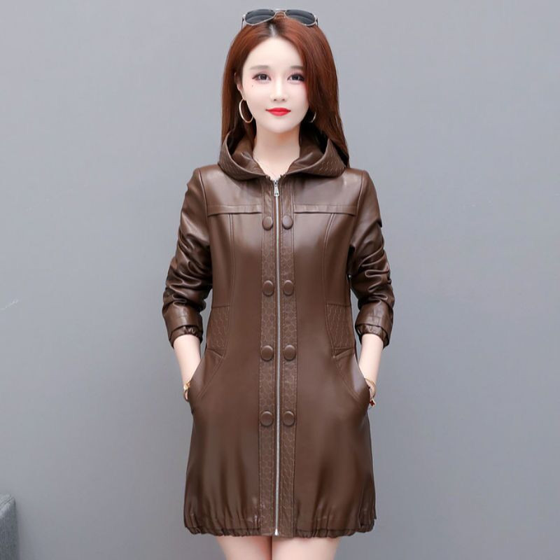 Jachetă lungă de piele pentru femei 2023, nou toamnă și toamnă, haină de piele neagră, cu glugă, largi M-5XL, îmbrăcăminte de modă, piele de căprioară YTNMYOP