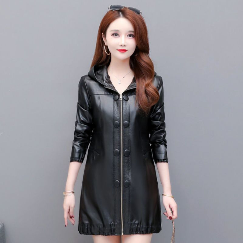Jachetă lungă de piele pentru femei 2023, nou toamnă și toamnă, haină de piele neagră, cu glugă, largi M-5XL, îmbrăcăminte de modă, piele de căprioară YTNMYOP