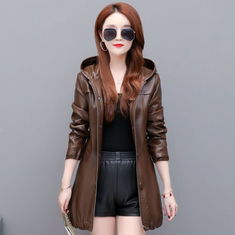 Jachetă lungă de piele pentru femei 2023, nou toamnă și toamnă, haină de piele neagră, cu glugă, largi M-5XL, îmbrăcăminte de modă, piele de căprioară YTNMYOP