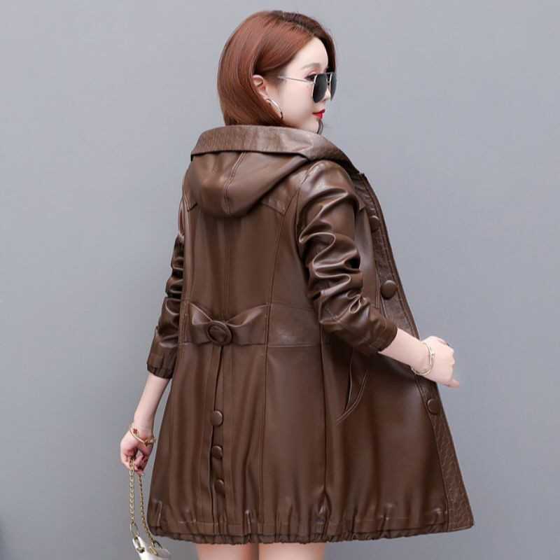 Jachetă lungă de piele pentru femei 2023, nou toamnă și toamnă, haină de piele neagră, cu glugă, largi M-5XL, îmbrăcăminte de modă, piele de căprioară YTNMYOP