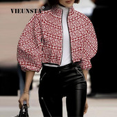 Jachetă scurtă pentru femei, cu model cu buline, cu gâtul roscat Jachete cu flori elegante, cu mâneci lanternă, cu fermoar