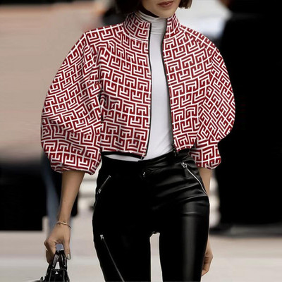 Jachetă scurtă pentru femei, cu model cu buline, cu gâtul roscat Jachete cu flori elegante, cu mâneci lanternă, cu fermoar