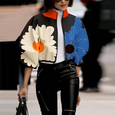 Jachetă scurtă pentru femei, cu model cu buline, cu gâtul roscat Jachete cu flori elegante, cu mâneci lanternă, cu fermoar