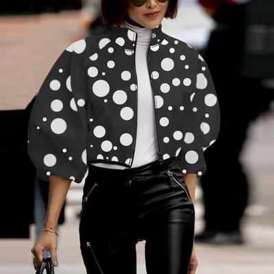 Jachetă scurtă pentru femei, cu model cu buline, cu gâtul roscat Jachete cu flori elegante, cu mâneci lanternă, cu fermoar