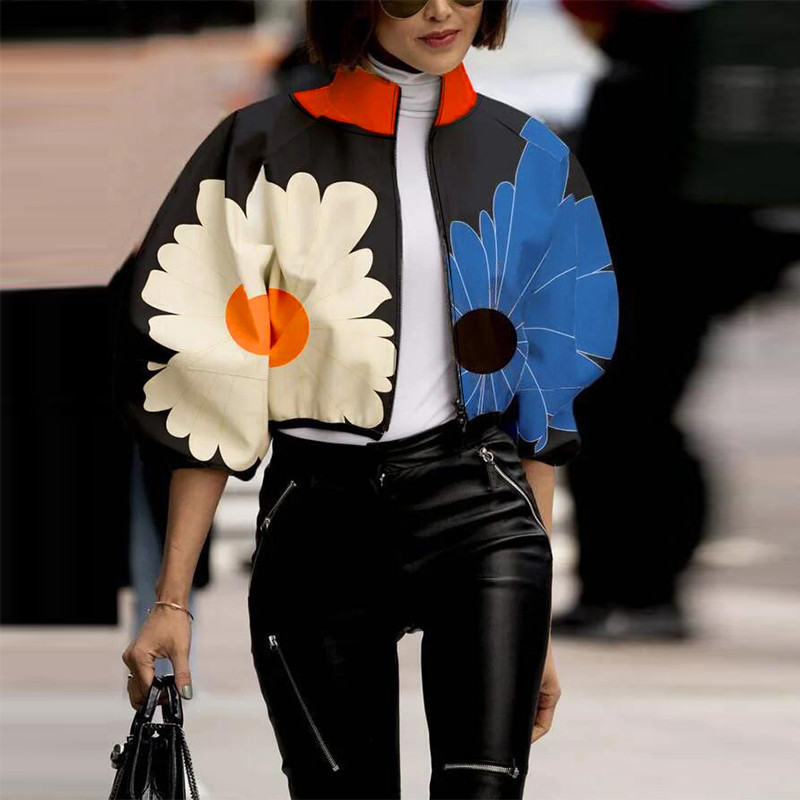 Jachetă scurtă pentru femei, cu model cu buline, cu gâtul roscat Jachete cu flori elegante, cu mâneci lanternă, cu fermoar