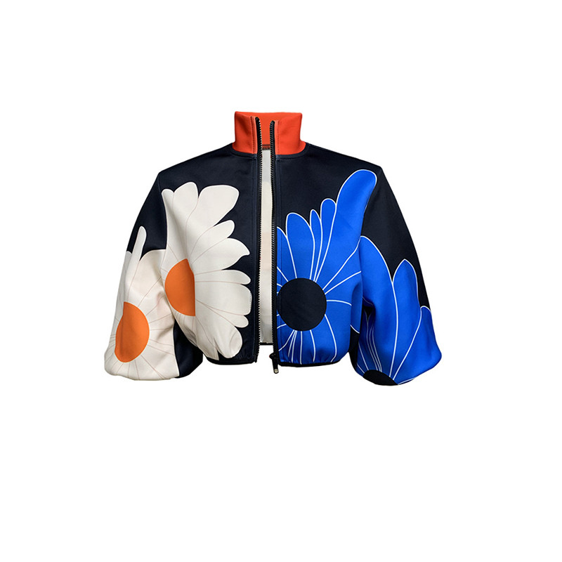 Jachetă scurtă pentru femei, cu model cu buline, cu gâtul roscat Jachete cu flori elegante, cu mâneci lanternă, cu fermoar