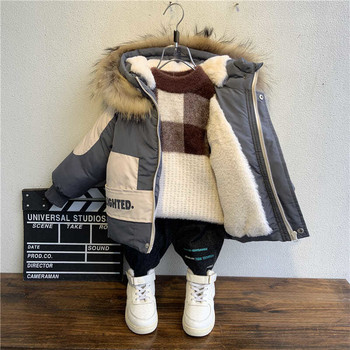 Зимно палто за момчета 2023 Ново бебешко кожено яке с качулка, памук плюс кадифе, удебелено топло яке за деца Парка 2-8 години Детски дрехи