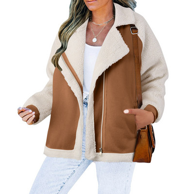 Ženska jakna od janjeće vune Američka retro jakna od flisa na rever Skraćena jakna dugih rukava Džepovi od umjetnog krzna Motociklističke jakne od flisa