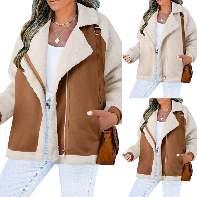 Sieviešu jēra vilnas jaka Amerikāņu retro atloks Flīsa jaka apgriezta garām piedurknēm kabatas mākslīgās kažokādas mēteļi motociklu vilnas jakas